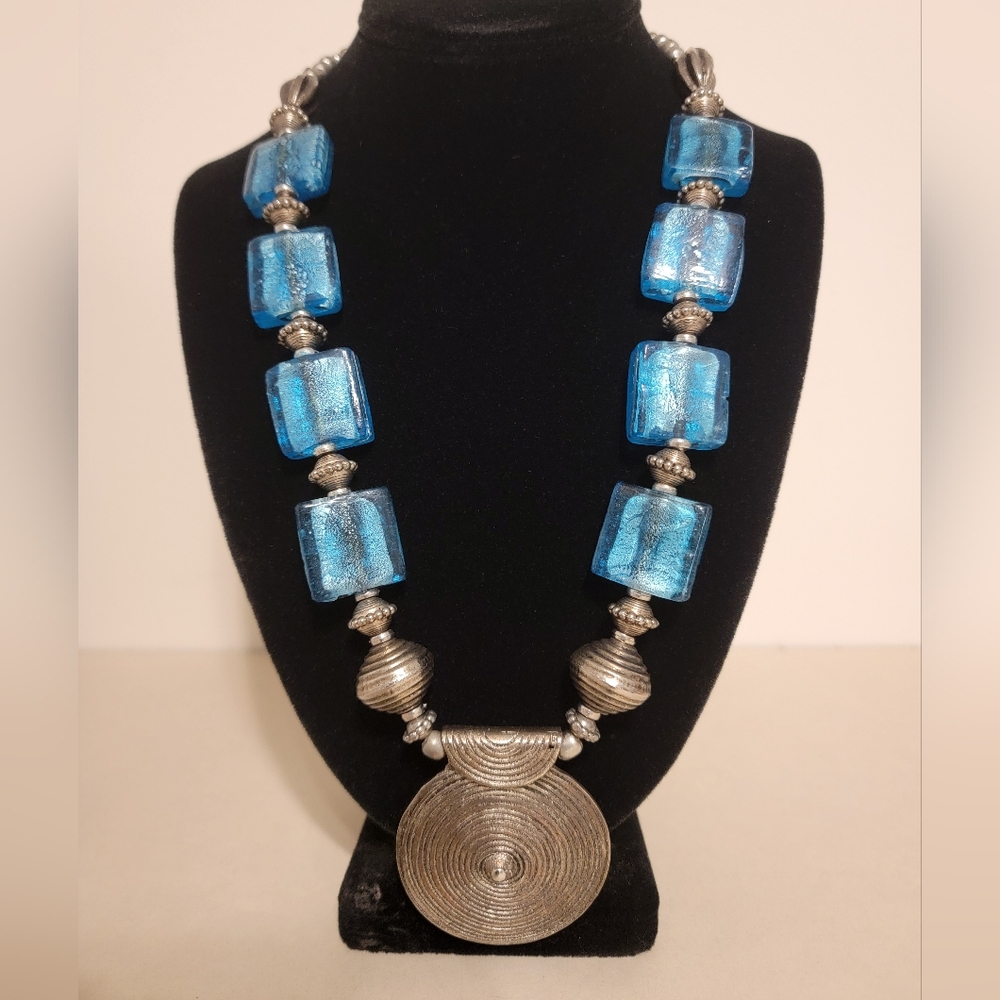 Aqua Blue Glass Bead Silver Tone Artisan Style Statement Pendant Necklace 22”